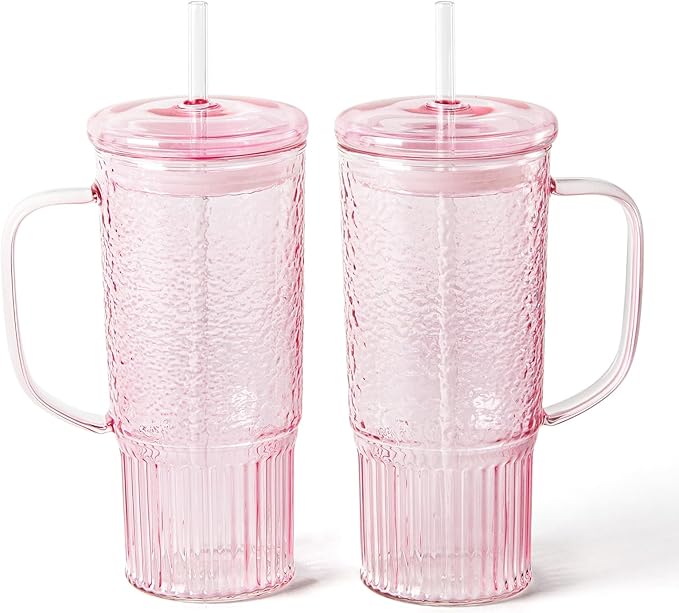 GOSCHE Glass Cups with Lids and Straws, 24oz Glass Tumbler with Straw and Lid, Iced Coffee Cups with Handle for Smoothie Juice Water Tea, Pink, 2 Pack