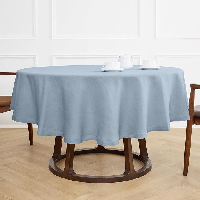 Solino Home Linen Round Tablecloth 70 Inch - 100% Pure Linen Dusty Blue Round Tablecloth - Machine Washable Table Cloth - Sonoma