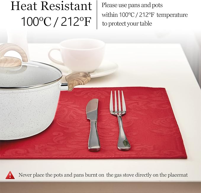 Place Mats Set of 8 – Rectangle Rectangular Waterproof Fabric Polyester Cloth Washable Wipeable Heat Resistant Placemats for Kitchen Dining Dinner Table Indoor 13 X 19 Inch Red