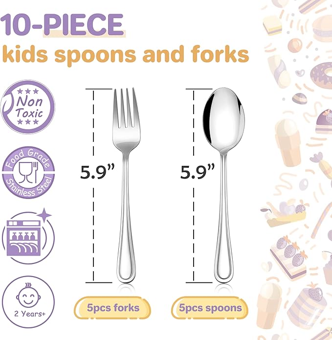 HaWare Toddler Utensils, 10-Piece Stainless Steel Toddler Silverware Sets Includes Spoons and Forks, Food-grade Children and Kids Eating Utensils for Self Feeding, Safety & Non-Toxic, Dishwasher Safe