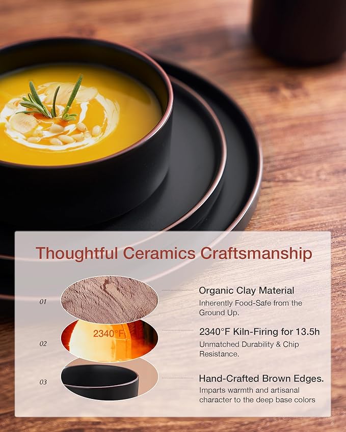 Famiware Nebula Ridge Stoneware Dinnerware Sets for 6, Plates and Bowls Sets, 18 Pieces Dishes Set, Microwave and Dishwasher Safe Kitchen Plates, Matte Black