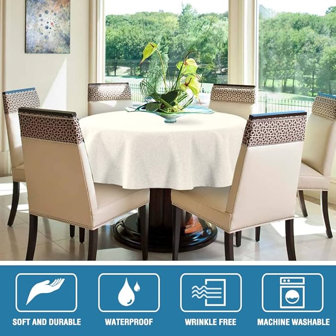 H.VERSAILTEX Linen Textured Tablecloth Round 60 inch Waterproof Decorative Table Cloth Spill-Proof Linen Look Cover for Party Table Extra Soft and Thick Fabric Wrinkle Free, Heather Ivory