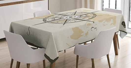 Ambesonne Compass Tablecloth, Nautical Compass on Background Old Map with Torn Border Frame Illustration Print, Rectangular Table Cover for Dining Room Kitchen Decor, 60" X 84", Brown Beige