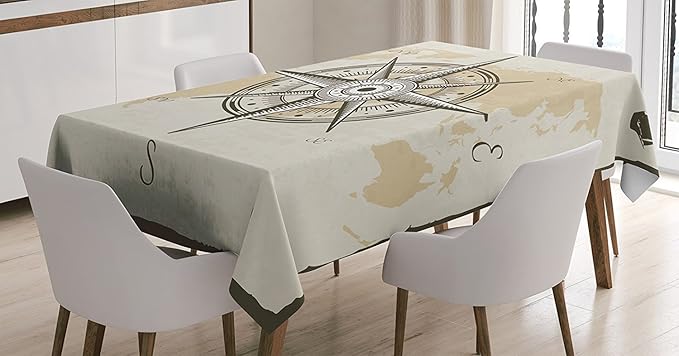 Ambesonne Compass Tablecloth, Nautical Compass on Background Old Map with Torn Border Frame Illustration Print, Rectangular Table Cover for Dining Room Kitchen Decor, 52" X 70", Brown Beige