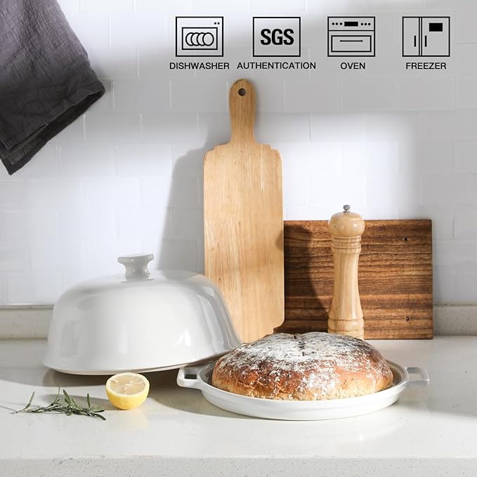 Sweejar Ceramic Bread Oven with Lid, Large Sourdough Bread Baking Pan with Handle, 5QT Porcelain Round Bread Cloche For Baking, Cooking, Roasting (White)