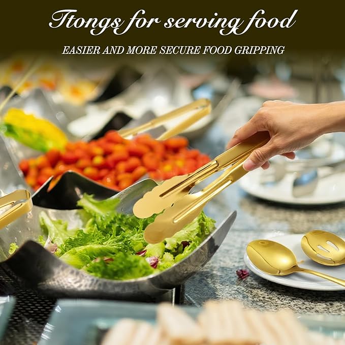 MWELLEWM 17Pcs Serving Utensils, Gold Stainless Steel Large Serving Spoons, Slotted Spoon, Fork, Tongs, Cake Pie Server, Soup Spoon, Metal Buffet Banquet Cutlery Set for Parties Entertaining Catering