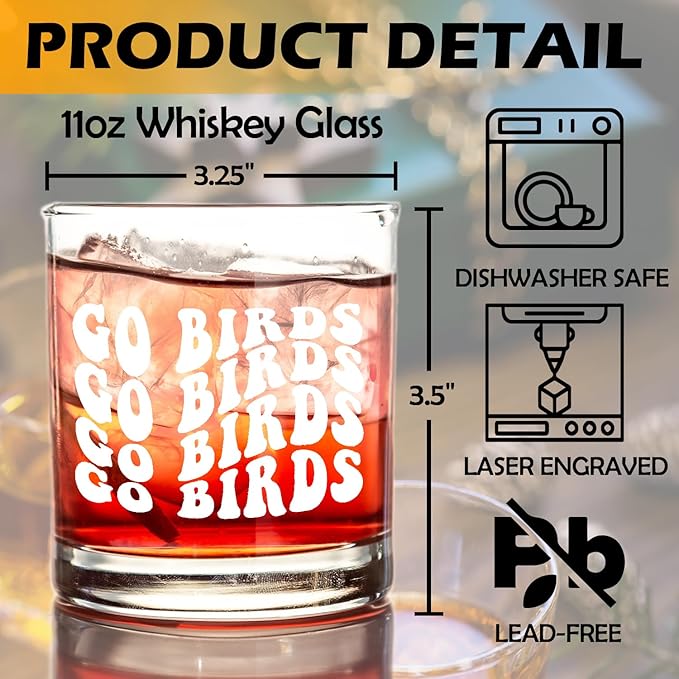 kunlisa Trendy Groovy Go Birds Whiskey Glasses, Football Gifts for Football Fans Lovers Players, 10 oz Drinking Rocks Glasses for Women Men Whisky Cocktail Scotch Bourbon Liquor