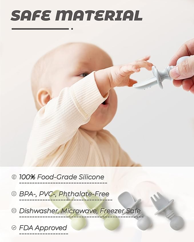 DF DUALFERV 4 Pcs Baby Spoons Self Feeding 6 Months, Silicone Baby Spoons First Stage and Baby Fork, Toddler Utensils for Baby Led Weaning with 2 Cases (Green, Grey)