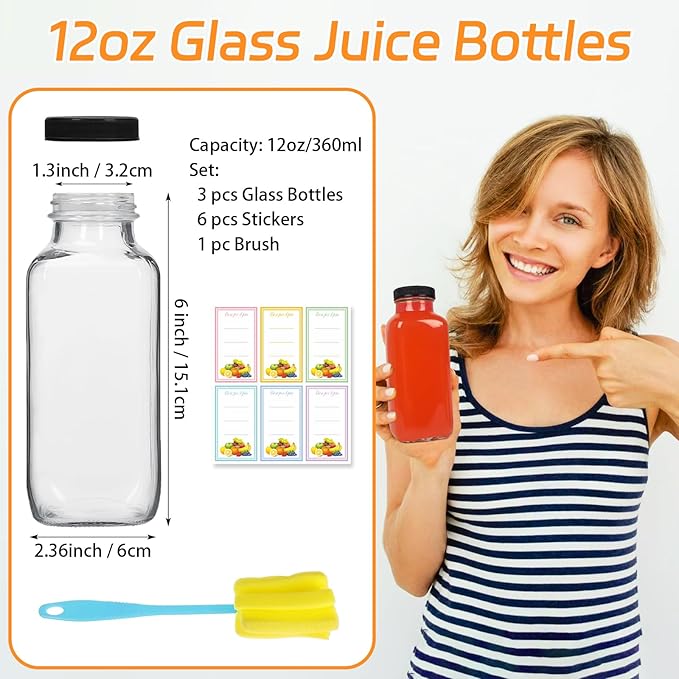 3 Pack 12oz Glass Drink Bottles with Lids, 360ml Vintage Glass Water Bottles with Caps, Reusable Juice Containers Drinking Jars for Juicing, Milk, Ginger, Kombucha, Beverage
