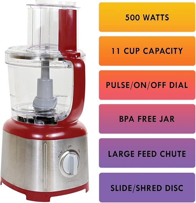 Kenmore 11 Cup Food Processor - Vegetable & Fruit Salad Cutter, Multifunctional, Chopper, Clicer, Mincer, Puree, Grater, Blades, Shredder, Compact Stainless Steel Kitchen Appliances, 500 W Red