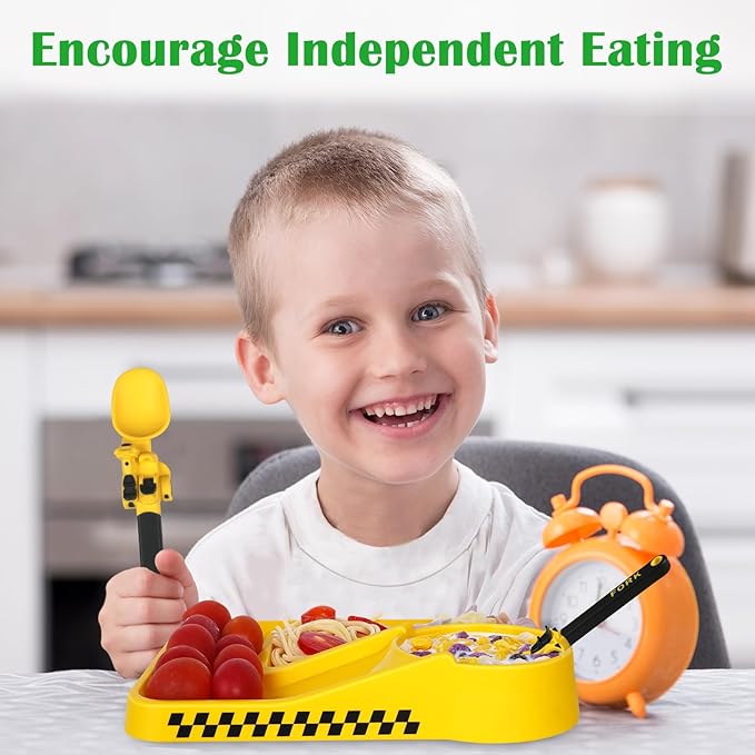 Construction Utensils for Toddlers - Motorcycle Toddler Forks - for Halloween Utensils Gift - Forks and Spoons Silverware Set - Christmas Gift for 1 2 3 4 5 year old - Yellow