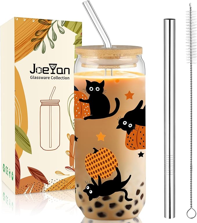 Joeyan Halloween Glass Cups with Lids and Straws,20 oz Pumpkin and Black Cat Iced Coffee Tumbler,Cute Funny Can Shaped Beer Drinking Glasses,Holiday Gifts for Women Mom Friend Teen