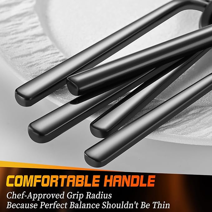 40-Piece Black Silverware Set, Heavy-Duty Stainless Steel Black Flatware Set for 8, Cutlery Set with Modern Round Handle, Mirror Polished Utensils Set, Dishwasher Safe