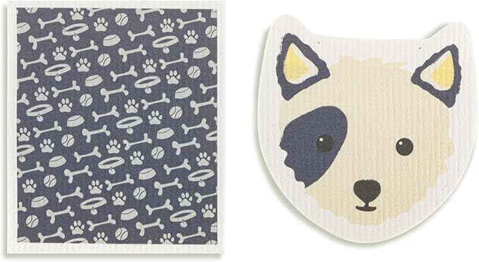 DEMDACO Reusable Biodegradable Kitchen Cleaning Dish Cloth from Design Serving Collection 6 x 7 Inch Cotton Blend Dog Assorted Set of 2