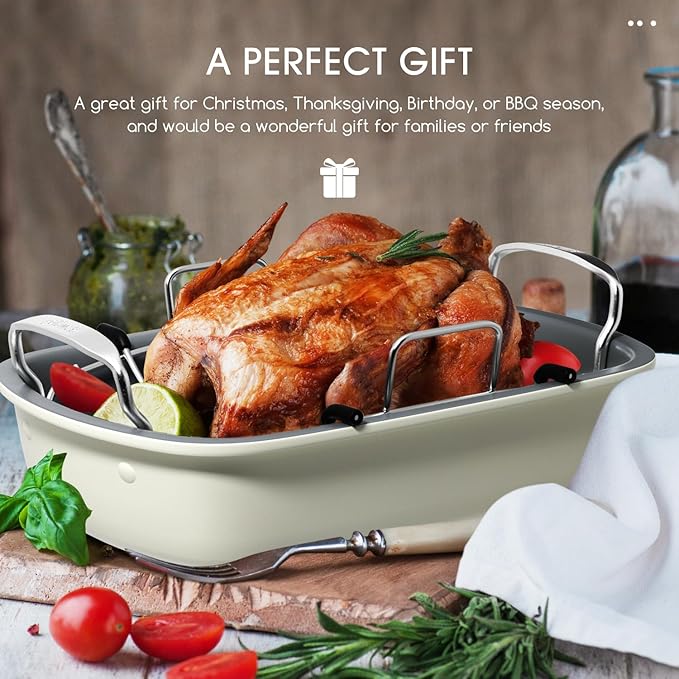 Nonstick Turkey Roasting Pan with Rack, 17 x 13 Inch Turkey Pan, large roaster pan for Meat & Vegetable, White