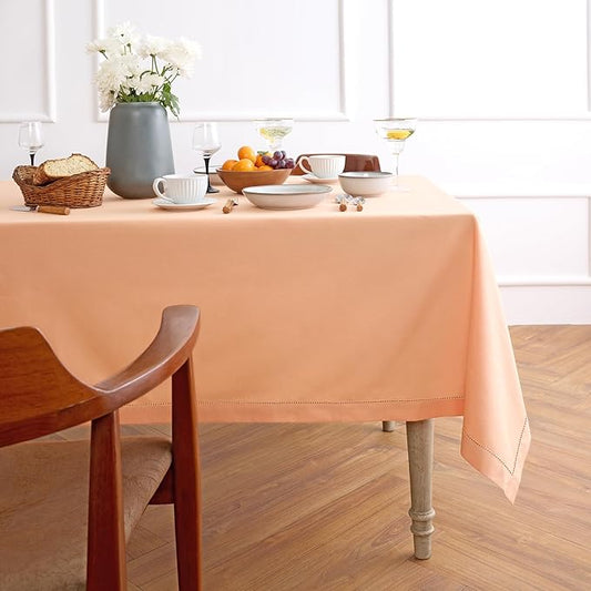 Solino Home Cotton Linen Tablecloth for Rectangle Tables 58 x 84 Inch - Hemstitch Peach Bloom Table Cloth - Machine Washable Cloth Tablecloth