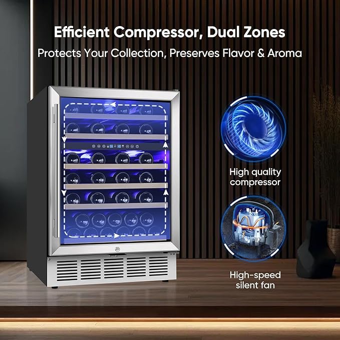 24 Inch Wine Cooler Refrigerator, 46 Bottle Dual Zone Wine Fridge with Stainless Steel Glass Door, Adjustable Shelves, Upgraded Compressor, Built-In Freestanding for Home, Bar, Kitchen