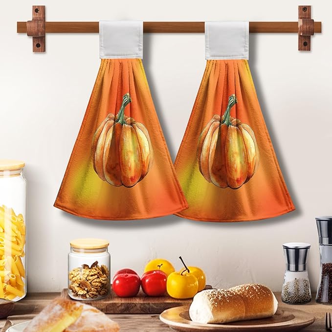 Fall Pumpkins Hanging Kitchen Towels 2 Pieces Orange Autumn Hanging Dish Towels Decorative Hand Towel Soft Lightweight Polyester Tie Towel for Kitchen Bathroom Dorm Home Decor 17 * 12 Inch