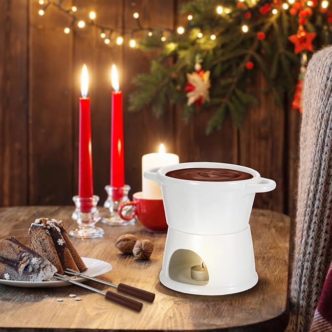 BSTKEY 300ML Ceramic Butter Warmer Set with 2 Forks, White Fondue Pot Melting Pot Set, Melt Hot Pot Bowl Set for Cheese Chocolate Butter Caramel