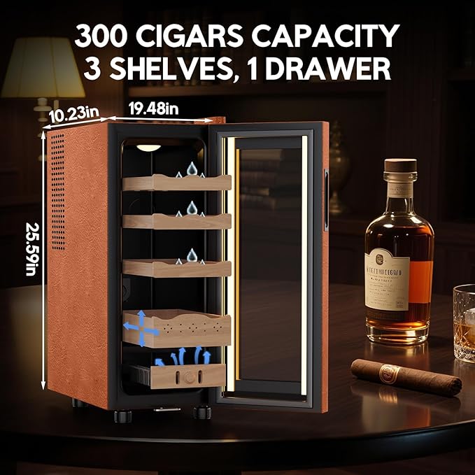 Tylza Leather Trim Cigar Humidor, 35L Cigar Humidor Cabinet with Auto Humidity & Temp Control, 300 Counts, 3 LED Lights, Spanish Cedar Wood, Cigar Humidors with Safety Lock, Gifts for Men