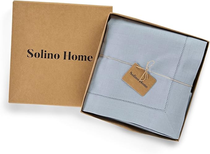 Solino Home Dusty Blue Linen Tablecloth 60 x 108 Inch - 100% Pure Linen Hemstitch Table Cloth for Rectangle Tables - Classic Hemstitch, Machine Washable Tablecloth for Winter