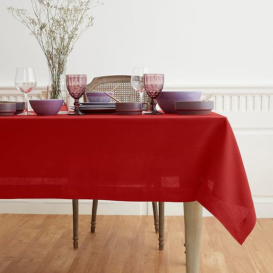 Solino Home Linen Red Tablecloth 60 x 102 Inch - 100% Pure Linen Rectangular Tablecloth - Machine Washable Table Cloth for Valentines, Holiday, Winter, New Year - Fete