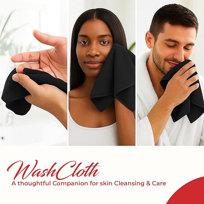 RIVERSIDE 12 Pack Washcloths - 12x12 Inches, 400 GSM, 100% Ring-Spun Cotton - Soft, Absorbent & Durable Face and Body Towels - for Bathroom, Spa, Gym, Makeup Removal & Everyday Use - Black