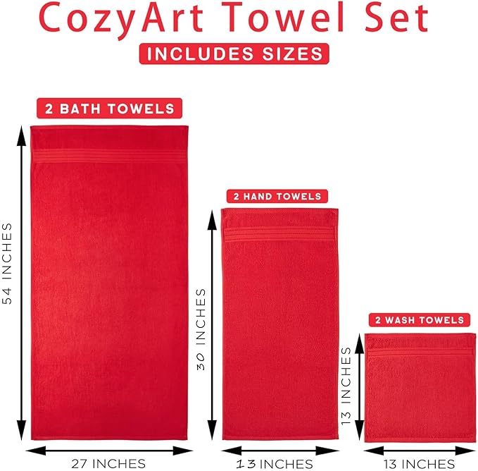 COZYART Luxury Red Bath Towels Set 3 Pcs, Cotton Hotel Large Towels for Bathroom, Thick Bathroom Sets of 3 with 1 Bath Towel, 1 Hand Towel, 1 Washcloth, 650 GSM