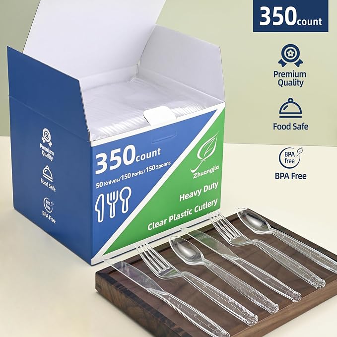 350 Count Clear Plastic Spoons, Extra Heavy Duty Plastic Spoons, Premium Disposable heavy duty spoons Set, BPA-Free Heat Resistant plastic utensils for Party Supplies, Weddings and Everyday Use