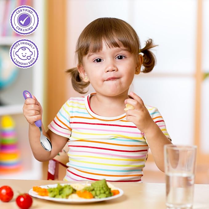 Lehoo Castle 6 Pieces Toddler Utensils, Kids Silverware for 2 3 4 Years Old, Stainless Steel Fork and Spoon Set with Plastic Handle, Safe Toddler Cutlery (Light Purple + Blue)