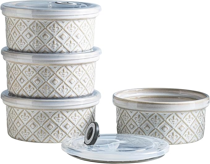 Ceramic Souffle Small Baking Dishes for Oven, 16oz Charcuterie Bowls Creme Brulee Ramekins Set with Lids, Pudding Custard Cups Snack Dipping Bowls Set of 4, Beige