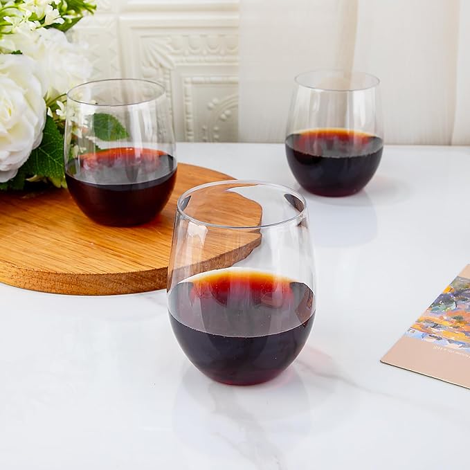 SUT Disposable Wine Glasses Stemless - 12oz Unbreakable Wine Cups, Shatterproof, Recyclable, Heavy Duty Plastic Wine Glasses for Parties Disposable(24Pack)(Clear)