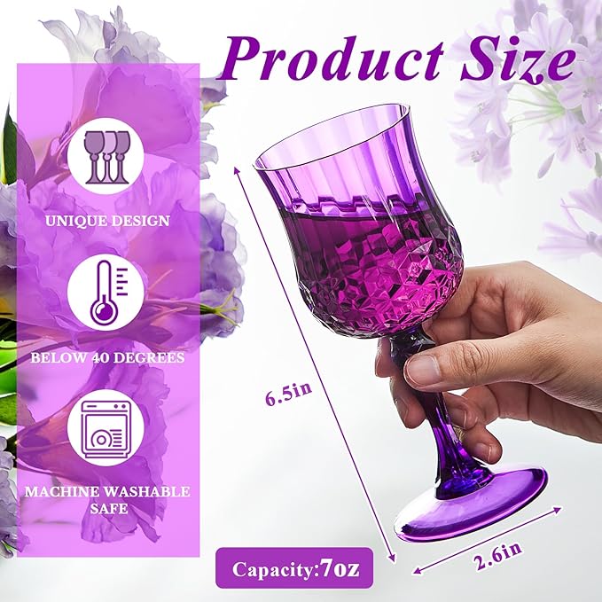 Pinkunn 24 Pcs 7 oz Plastic Vintage Wine Glasses Reusable Colored Goblets Patterned Drinking Water Glasses Cup Dishwasher Safe for Christmas Wedding Reception Party Supplies (Purple)