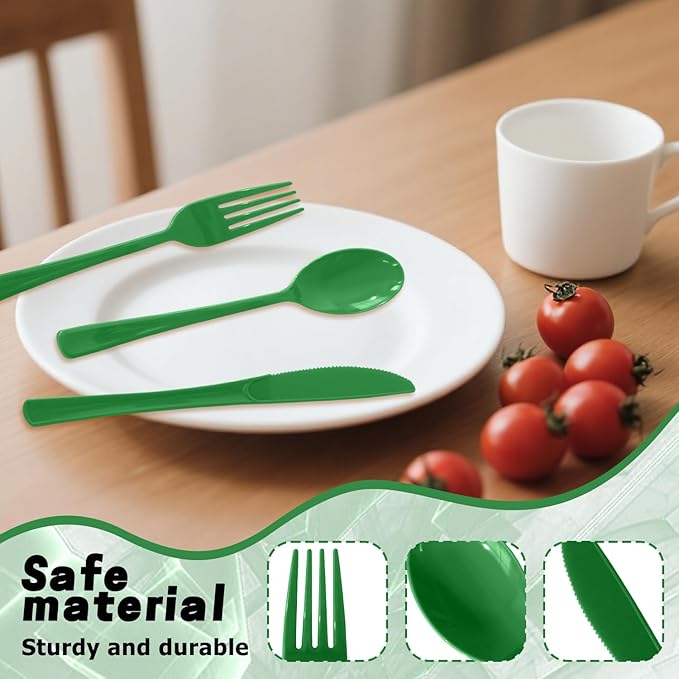 300 Pack Disposable Plastic Silverware, Heavy Duty Green Plastic Cutlery Set Includes 100 Forks 100 Knives 100 Spoons for Birthday Wedding Party Picnics (300, Green)