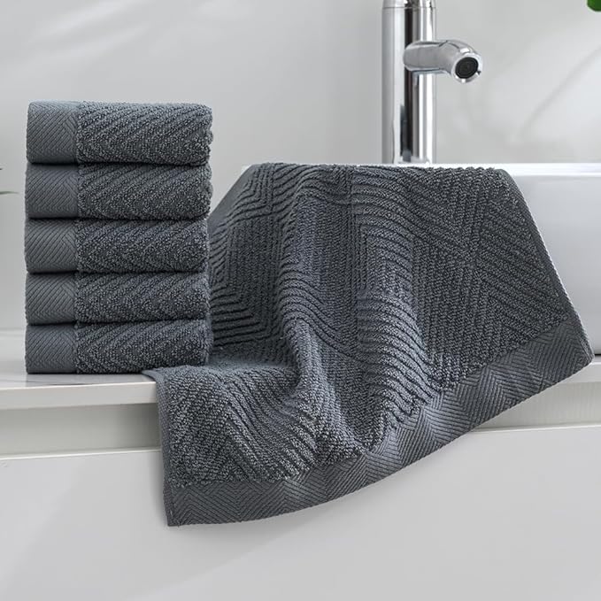 sense gnosis Grey Herringbone Washcloth Set of 6 Premium 100% Cotton Striped Weave Ultra Soft Highly Absorbent Washclothes for Kitchen Home Bathroom 13 X 13 Inch