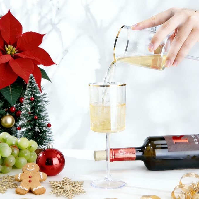Ciaell 12 Pack Plastic Wine Glasses - 10 Oz Plastic Wine Glasses with Stem - Gold Rim Disposable Cups for Parties & Weddings & Poolside & Toasting & Outdoors & Christmas & New Year