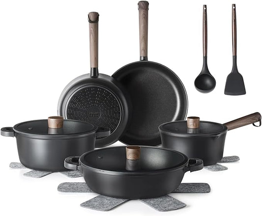 SENSARTE Nonstick Cookware Set Pots and Pans Set Kitchen Non-stick Cooking Set, Dishwasher & Oven Safe, Induction Compatible, Free of Intentionally Added PFOA/PFOS, 15pcs, Black