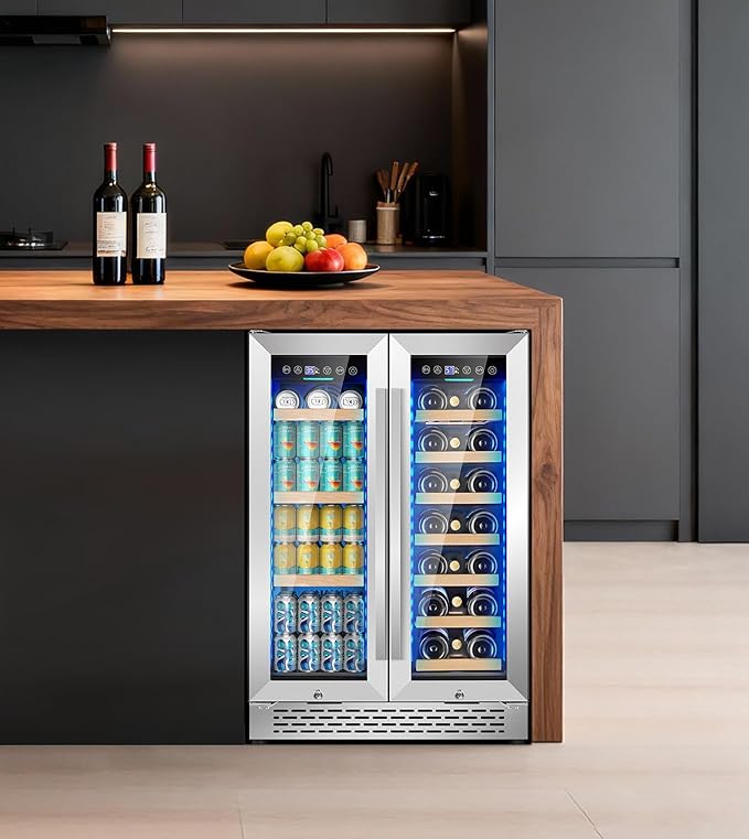 3 LED Wine and Beverage Refrigerator, 90 Can & 21 Bottle Dual Zone Stainless-Steel Wine Beverage Cooler, 24 Inch Built-In or Freestanding Wine and Drink Fridge Fast Cooling for Home/Kitchen