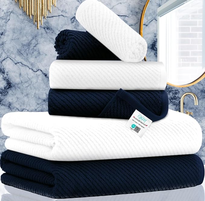 VOOVA & MOVAS Bathroom Towels - 100% Cotton | Quick Dry | Soft | Thick, 6 Piece Towel Set, 2 Large Bath 30"x56", 2 Hand 18"x28", 2 Washcloths 13"x13", Bathroom Essentials,Blue and White