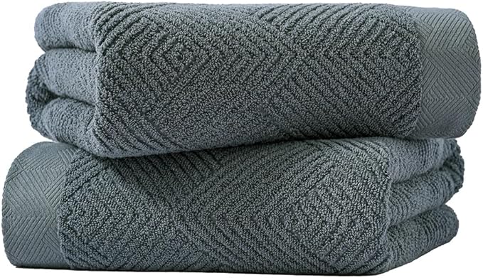 sense gnosis Grey Herringbone Bath Towel Set of 2 Premium 100% Cotton Striped Weave Ultra Soft Highly Absorbent Bath Towel for Bathroom 27 X 55 Inch
