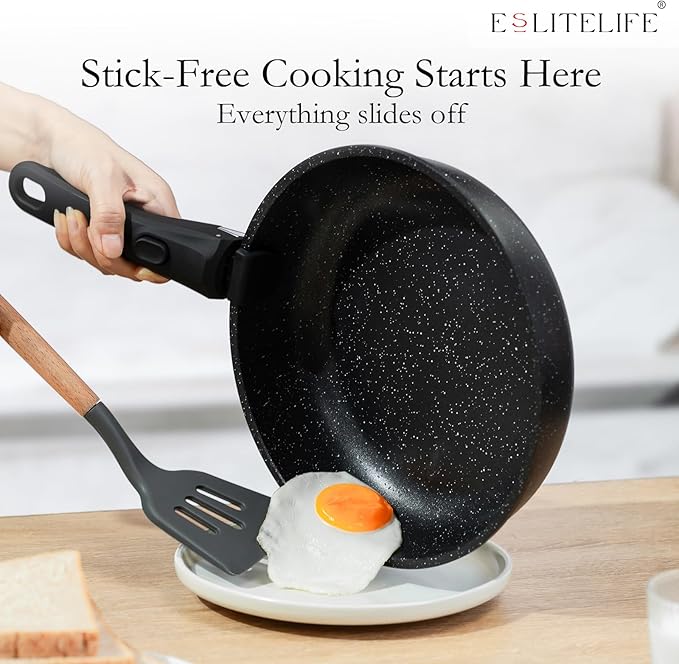 ESLITE LIFE Nonstick Cookware Sets with Detachable Handle,Ceramic Coating Pots and Pans Set Kitchen Cooking Set, Compatible with All Stovetops, PTFE & PFOA Free, Black, 10 Pcs Set