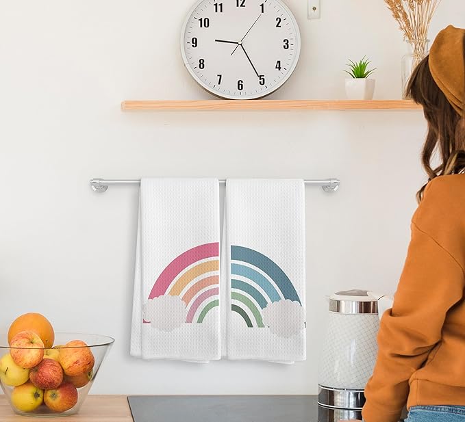 Boho Nursery Pink and Blue Rainbow Cloud Bohemian Kitchen Towels and Dishcloths Set of 2,Boho Absorbent Drying Cloth Hand Towels Tea Towels for Bathroom Kitchen,Boho Gifts for Teen Girls,16×24 inches