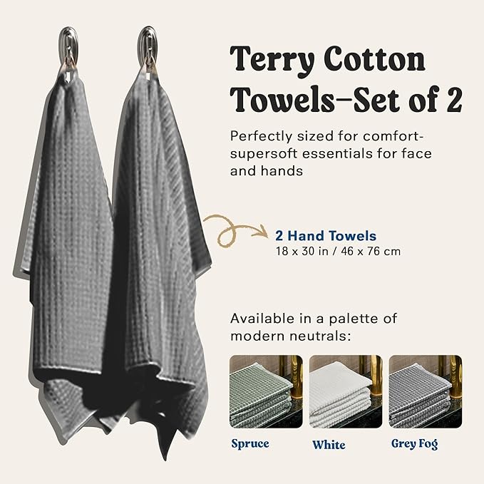 ONSEN Terry Cotton Waffle Hand Towel Set – 2 Pack Luxury Cotton Hand Towels, Quick Dry & Absorbent Bathroom Towels – Soft, Lightweight, Durable Towels for Bathroom Essentials (Grey Fog, 20x30 in)