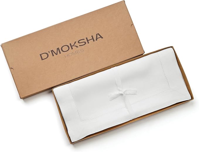 D'Moksha Homes Linen White Table Runner 120 Inches Long - 100% Pure Linen Hemstitch 14 x 120 Inch Table Runner for Dining, Winter, Holiday, New Year - Classic Hemstitch