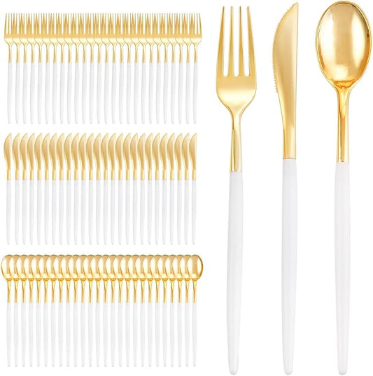 I00000 300 Pcs Gold Plastic Silverware - Gold Disposable Silverware - Premium White Cutlery Set Include 100 Forks 100 Knives 100 Spoons,Plastic Cutlery Party Set for Party & Wedding