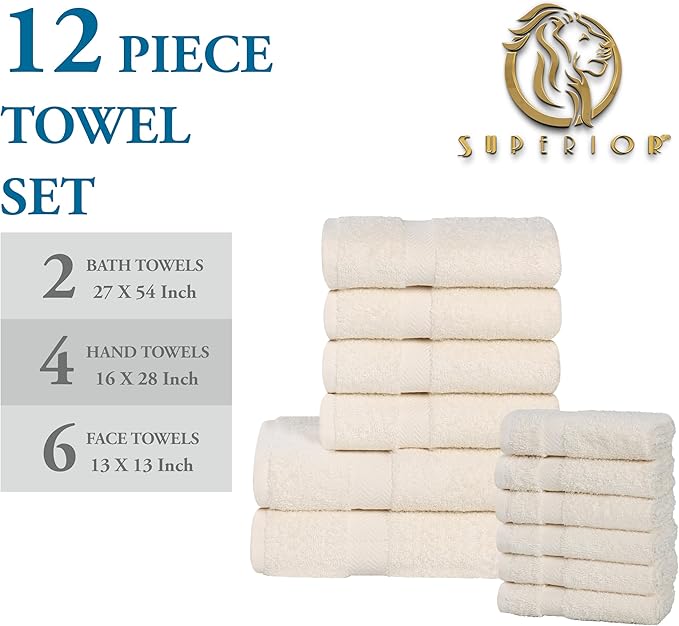 Superior 12-Piece Cotton Assorted Towel Set, Includes 6 Face/Washcloths, 4 Hand, and 2 Bath Towels, Lightweight Essentials, for Home, Gym, Beach, Bathroom, Quick Drying, Franklin Collection, Ivory