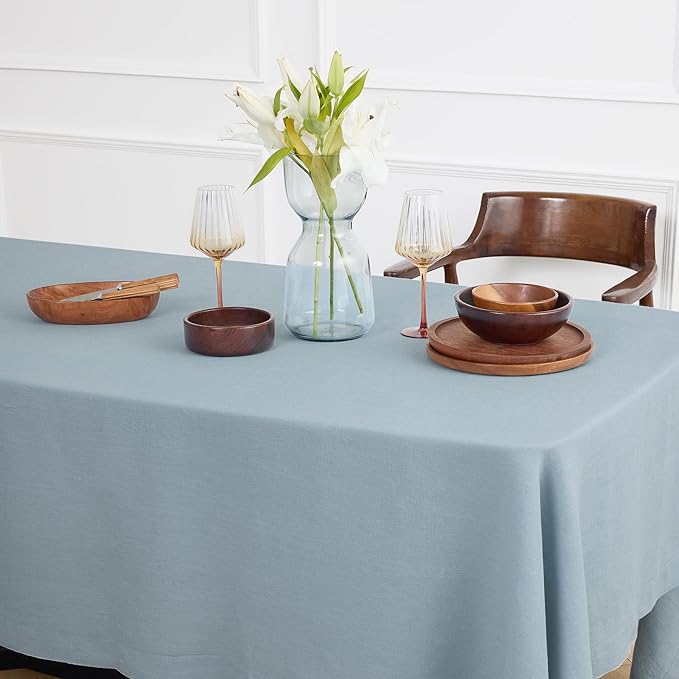 Solino Home Linen Dusty Blue Tablecloth 70 x 108 Inch - 100% Pure Linen Rectangular Tablecloth - Machine Washable Table Cloth for Winter - Sonoma