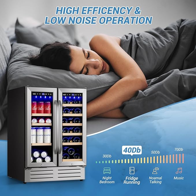 24 Inch Beverage Refrigerator Undercounter, Dual Zone Wine and Beverage Cooler, Large Capacity for Beer Wine Drink with Built-In Warm Light, Ideal for Home Kitchen Bar Office