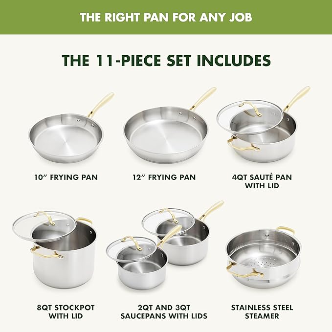 GreenPan Stainless Steel Cookware Set, 11 Piece, Induction Cookware, Dishwasher Safe, Oven Safe to 600F, Large 8QT Stock Pot, Sauce, Saute, Frying Pans, Pots & Pans Kitchen Essentials, Gold