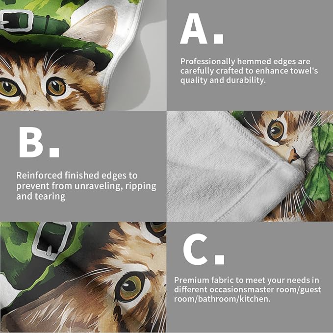 Imiss St. Patrick's Day Cat Kitchen Towels Green Leaves Shamrock Bath Towel Set of 2 Holiday Decor Guest Towel 14.4 x 28.3 Inch for Spa Yoga Sport Hotel